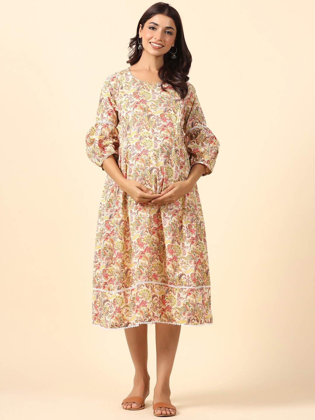 

Ikk Kudi by Seerat Floral Print A-Line Midi Maternity & Nursing Cotton Dress, Multi