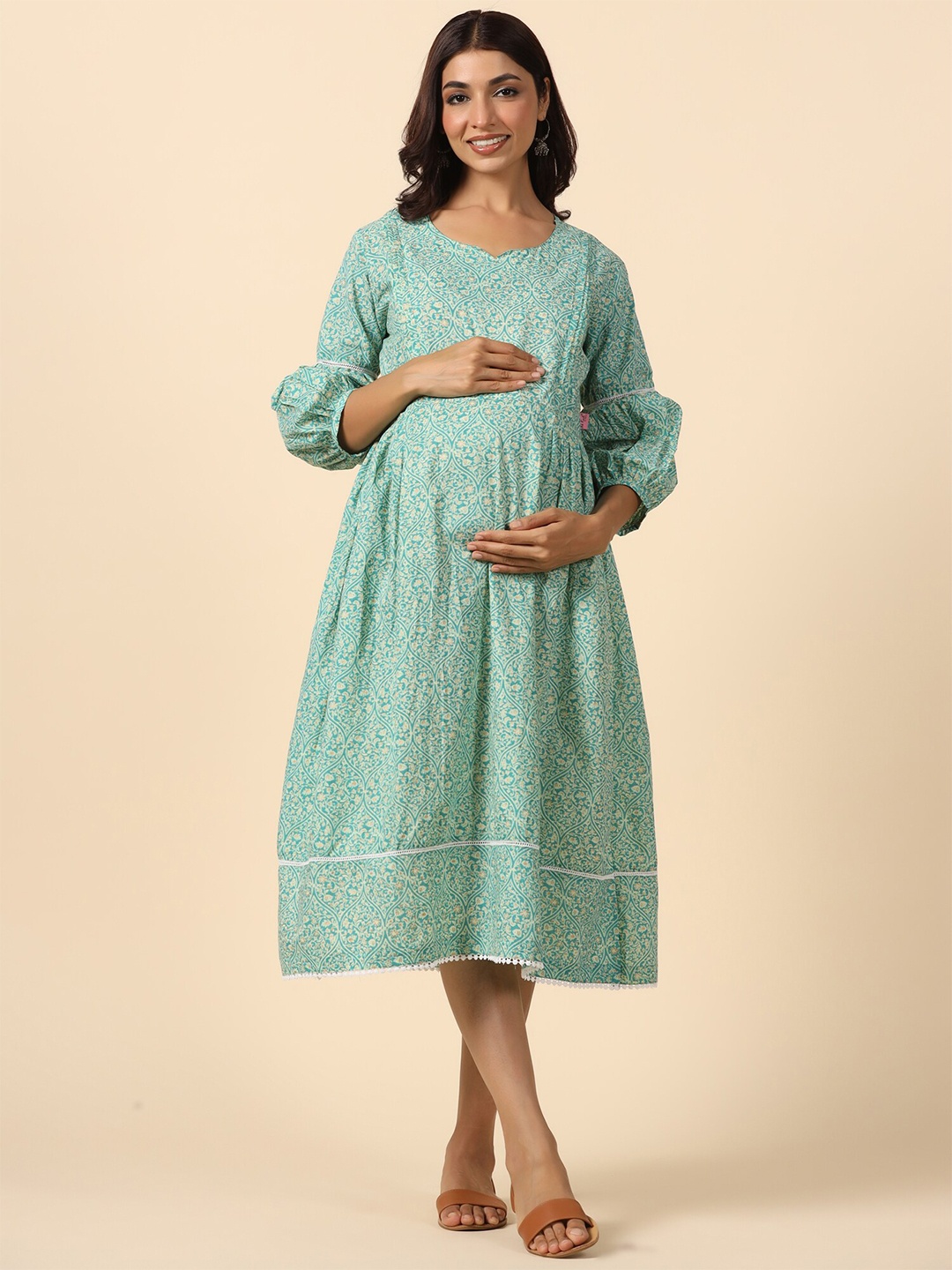 

Ikk Kudi by Seerat Floral Print Puff Sleeve Fit & Flare Midi Maternity & Nursing Dress, Turquoise blue