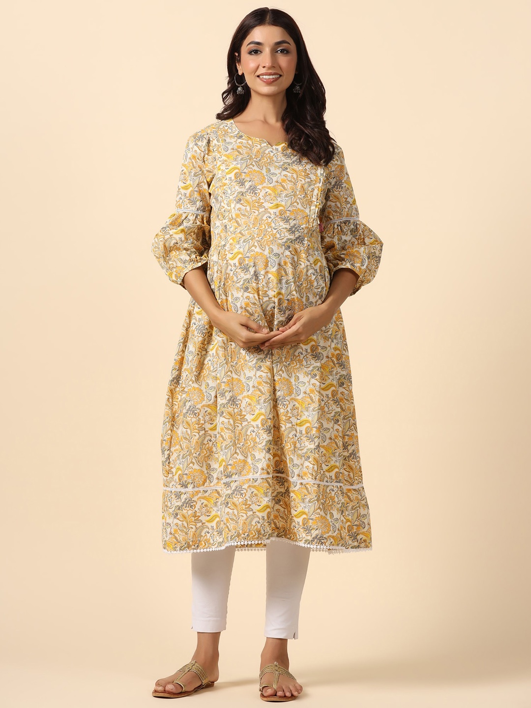 

Ikk Kudi by Seerat Ethnic Motifs Printed Maternity & Nursing Pure Cotton A-Line Kurta, Off white