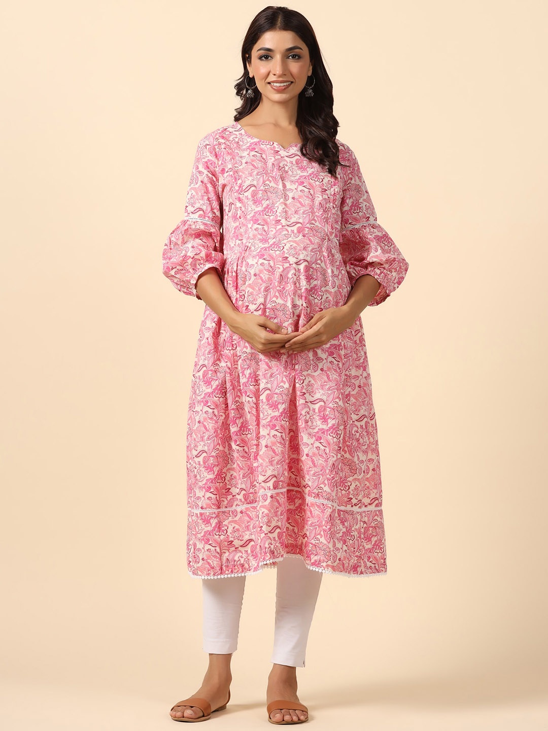 

Ikk Kudi by Seerat Ethnic Motifs Printed Maternity & Nursing Pure Cotton A-Line Kurta, Pink