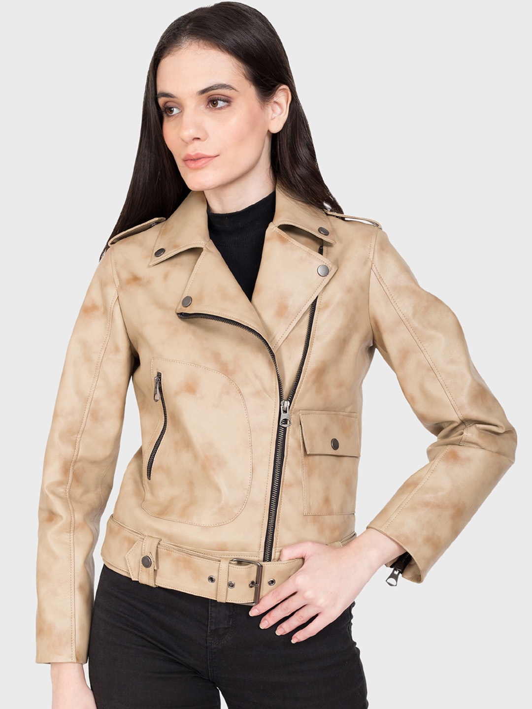 

Justanned Lapel Collar Faux Leather Biker Jacket With Shoulder Tabs, Beige