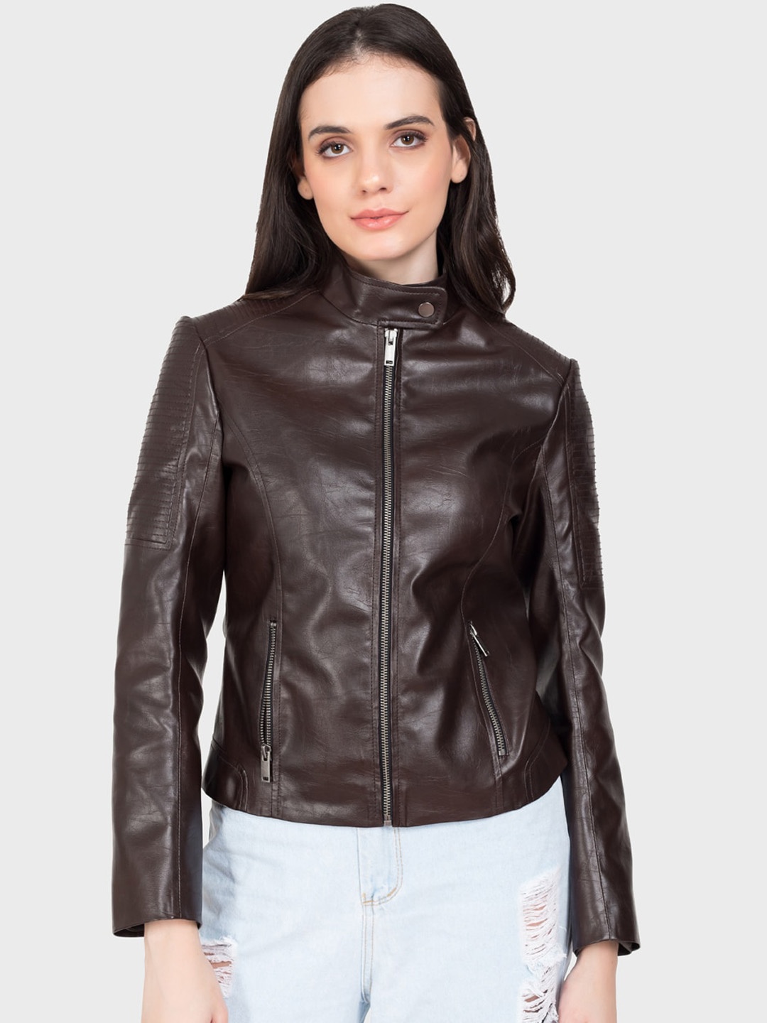 

Justanned Stand Collar Biker Jacket, Brown