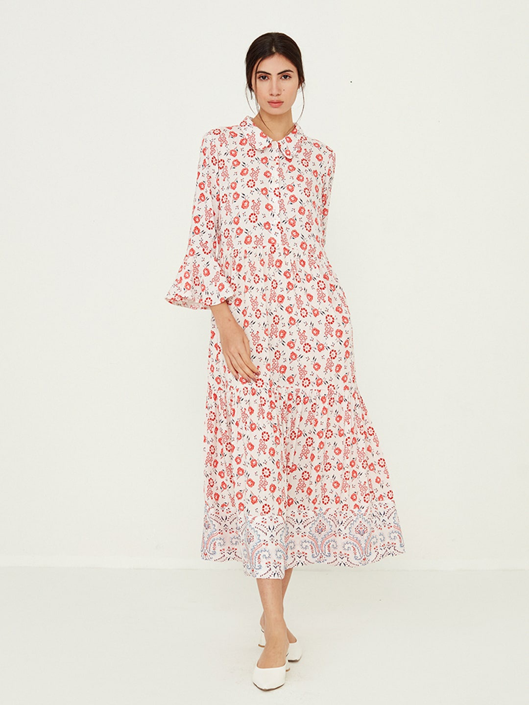 

Ancestry Floral Printed Bell Sleeves Tiered Fit & Flare Midi Dress, Off white