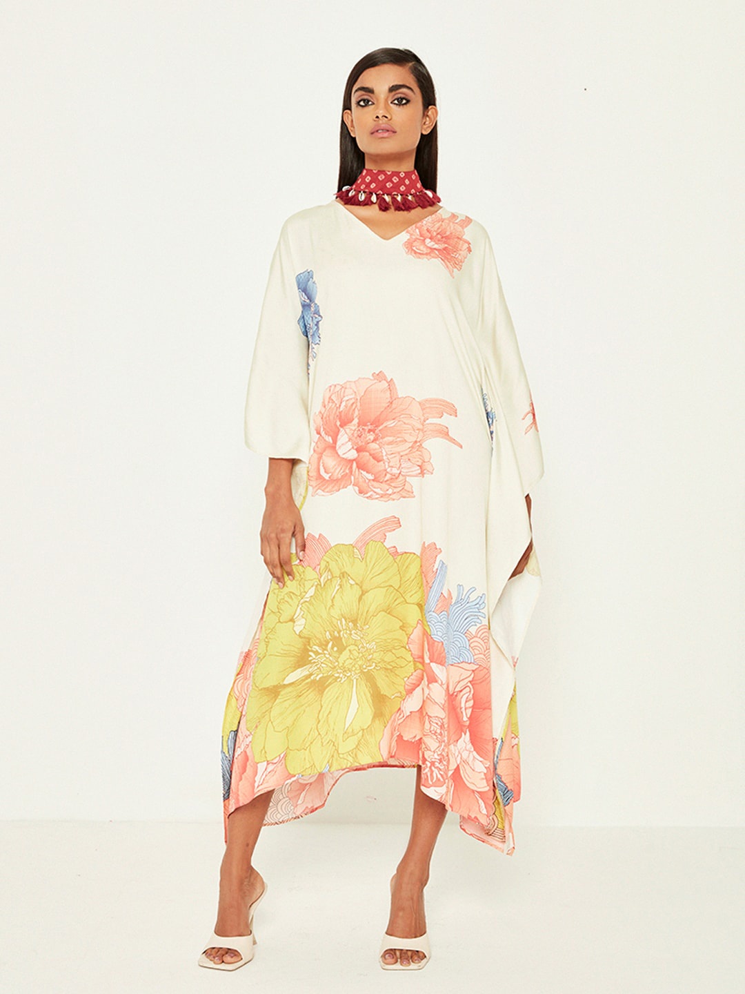 

Ancestry Floral Printed V-Neck Satin Kaftan Midi Dress, Yellow