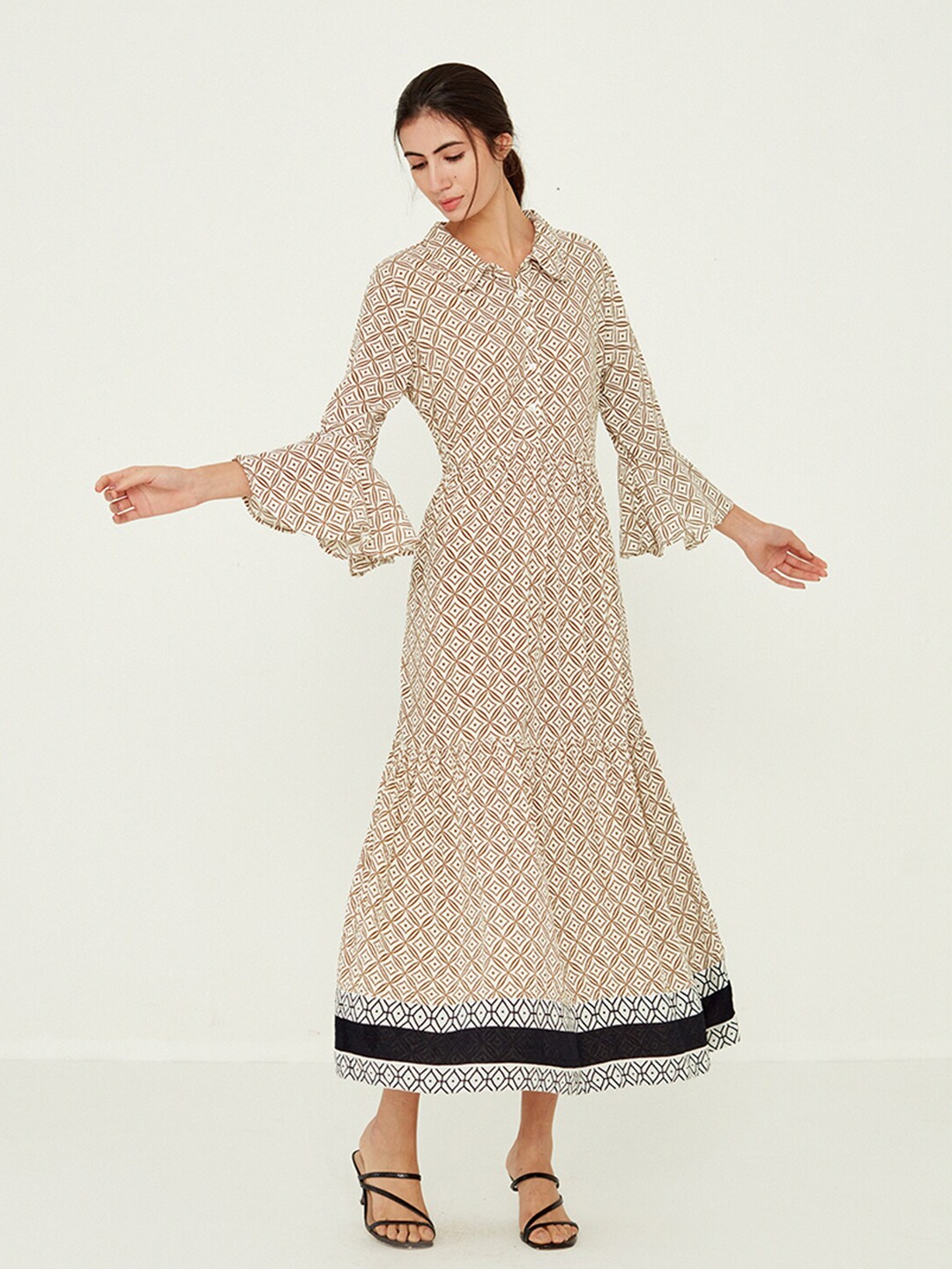 

Ancestry Geometric Printed Bell Sleeves Tiered Fit & Flare Midi Dress, Beige