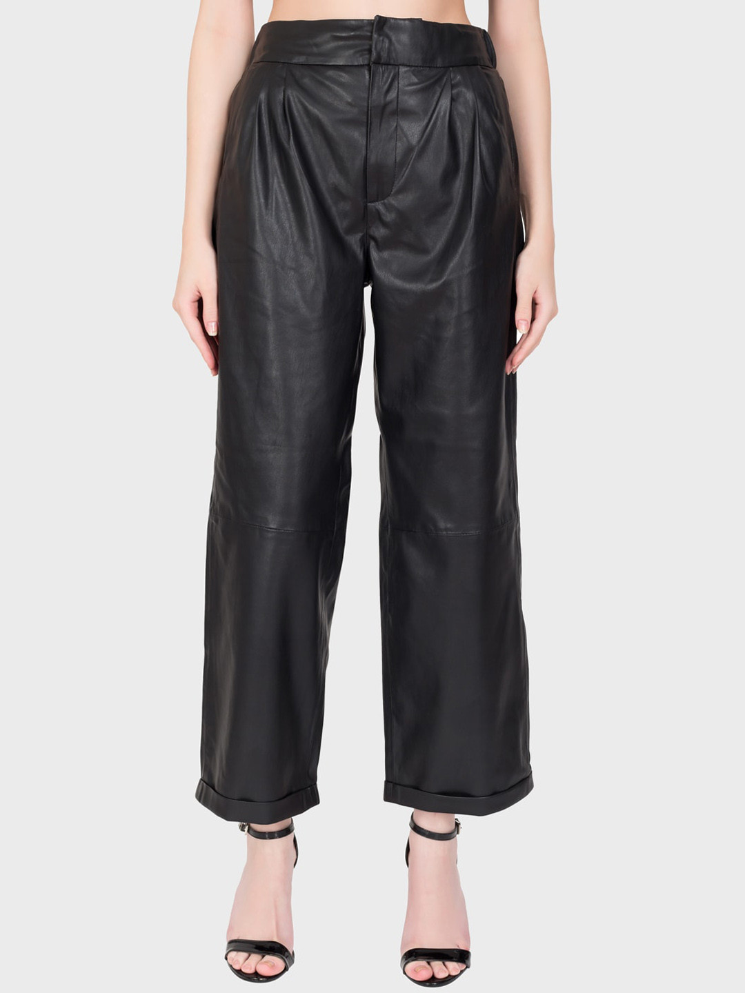 

Justanned Women Mid Rise Leather Culottes Trousers, Black