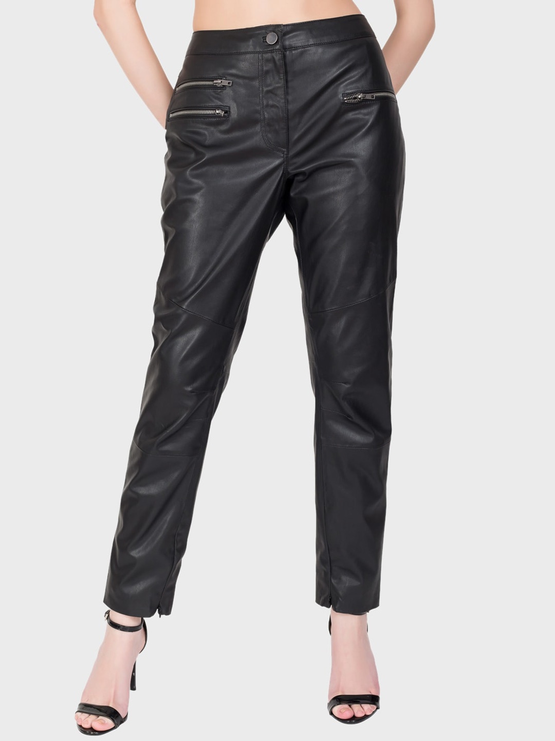 

Justanned Women High-Rise Plain Regular Trousers, Black