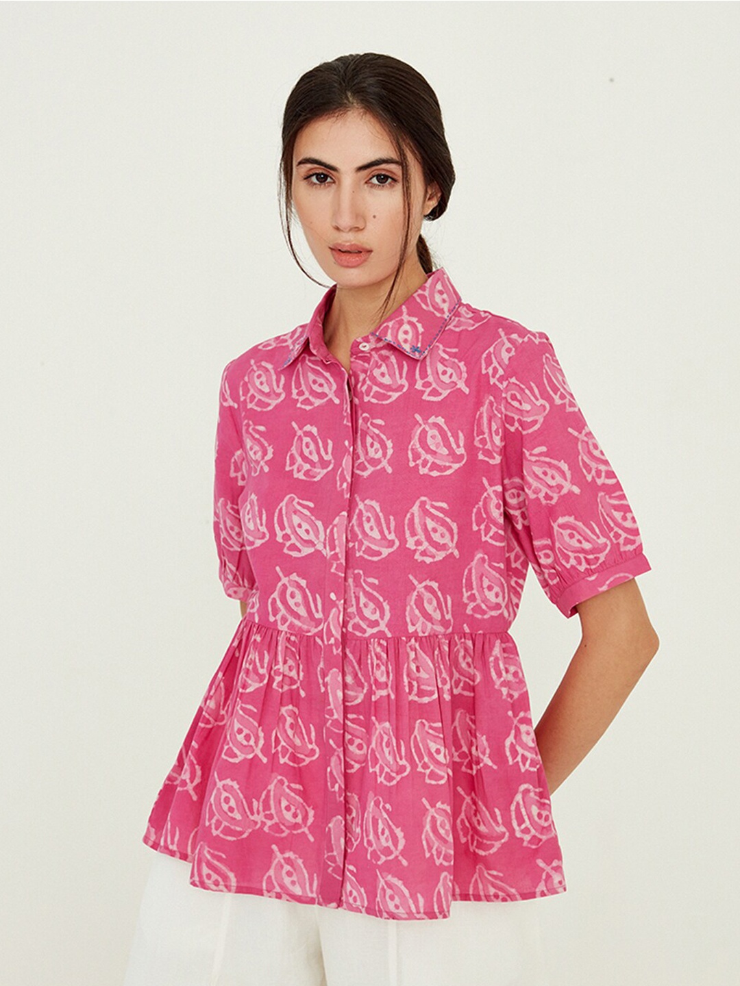 

Ancestry Ethnic Motifs Printed Shirt Collar Pure Cotton Shirt Style Top, Pink