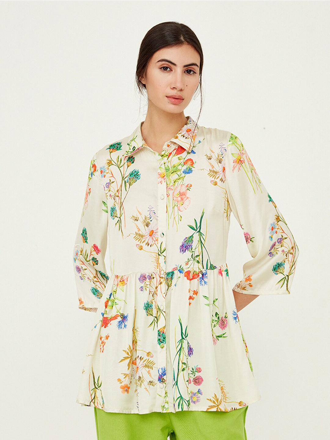 

Ancestry Floral Printed Shirt Collar Shirt Style Top, Off white