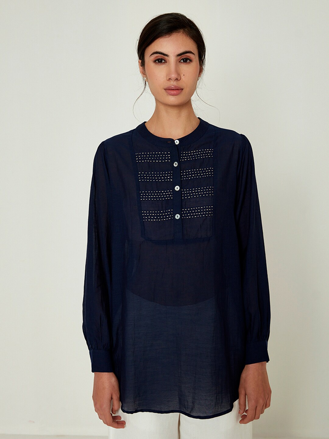 

Ancestry Band Collar Thread Work A-Line Kurti, Navy blue