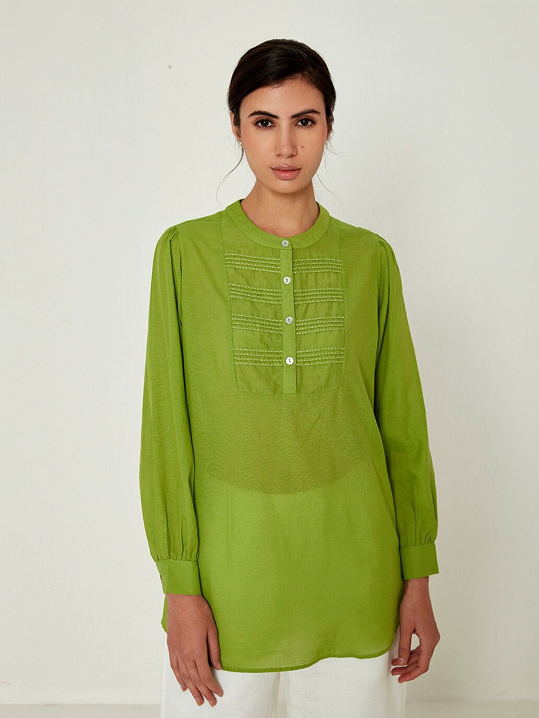 

Ancestry Thread Work Band Collar Cuffed Sleeves Kurti, Green