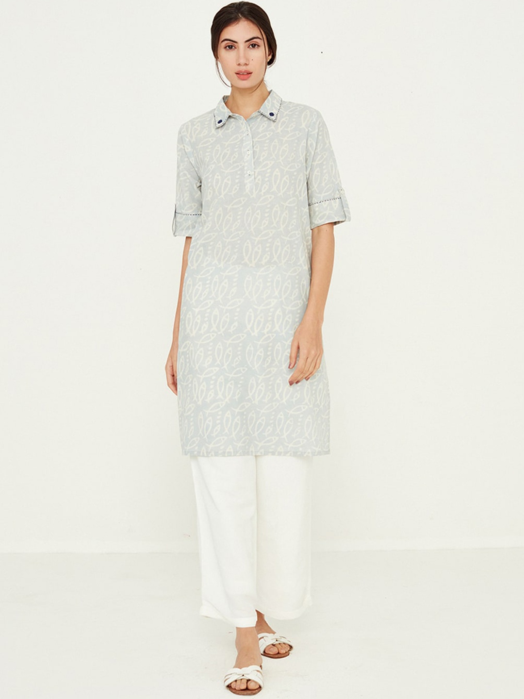 

Ancestry Ethnic Motifs Printed Roll-Up Sleeves Thread Work Pathani Cotton Kurta, Blue