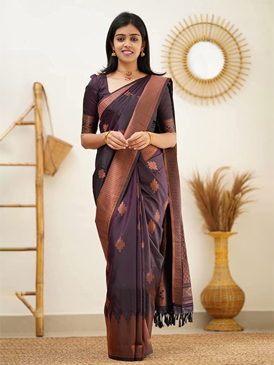 

M M Venture Ethnic Motif Woven Design Zari Pure Silk Kanjeevaram Saree, Purple