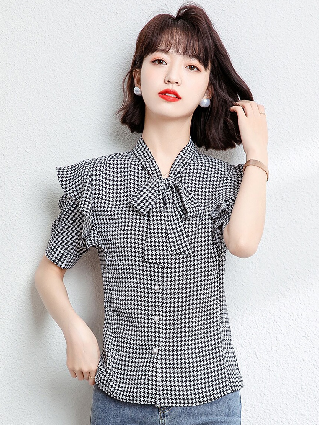 

JC Collection Geometric Printed Tie-Up Neck Shirt Style Top, Black