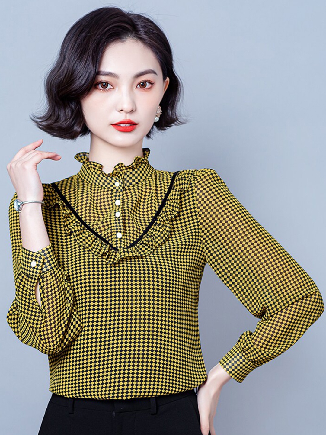 

JC Collection Checked Mandarin Collar Ruffles Casual Shirt, Yellow