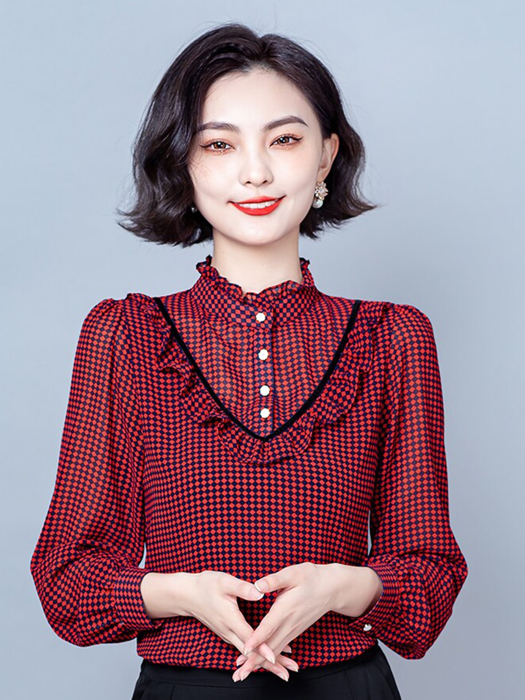 

JC Collection Geometric Printed Band Collar Shirt Style Top, Red