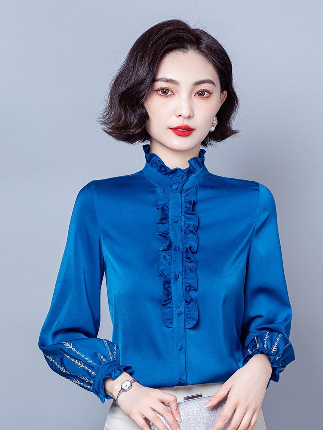 

JC Collection Mandarin Collar Ruffles Formal Shirt, Blue