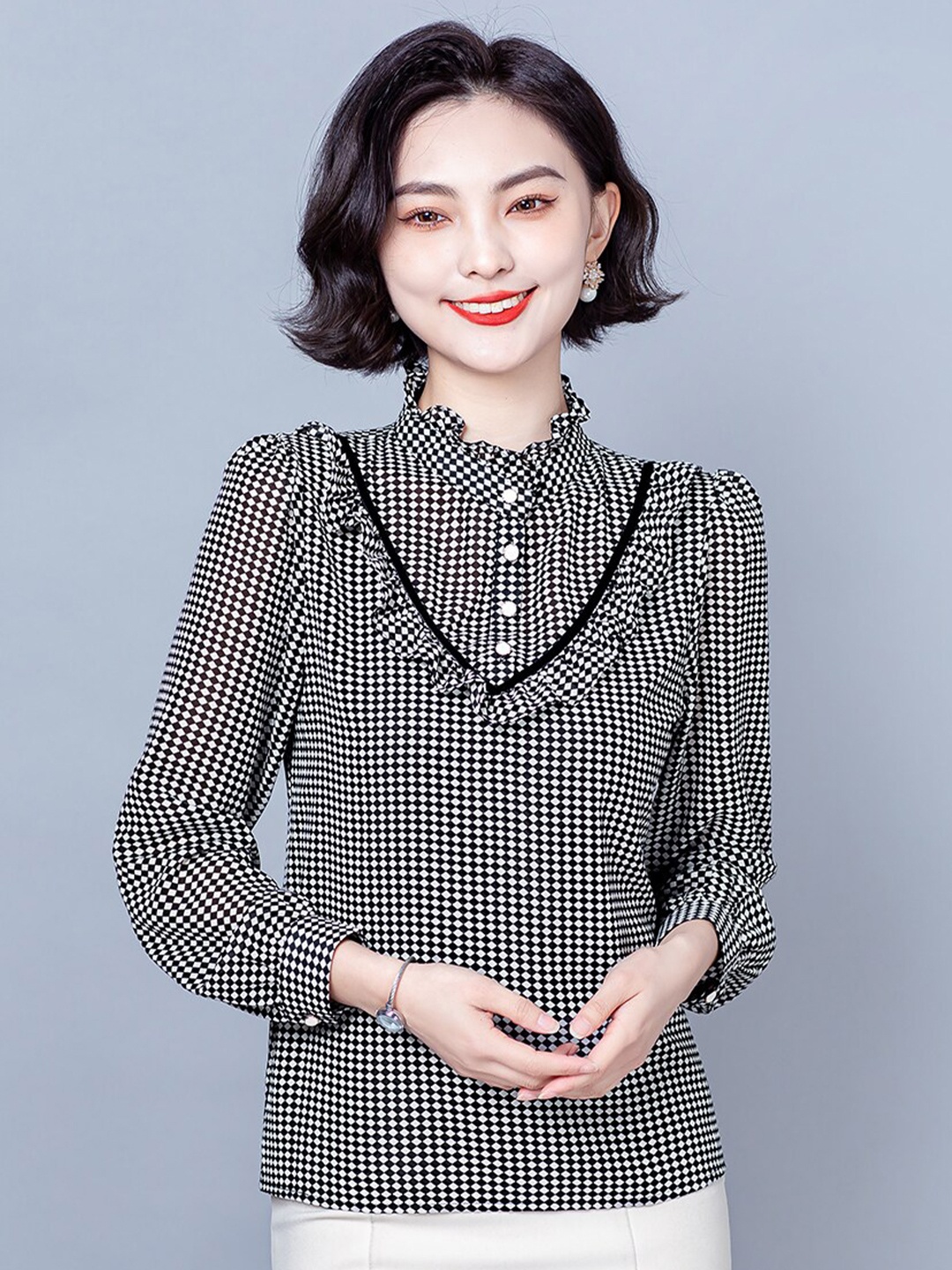 

JC Collection Checked Mandarin Collar Ruffles Casual Shirt, Black