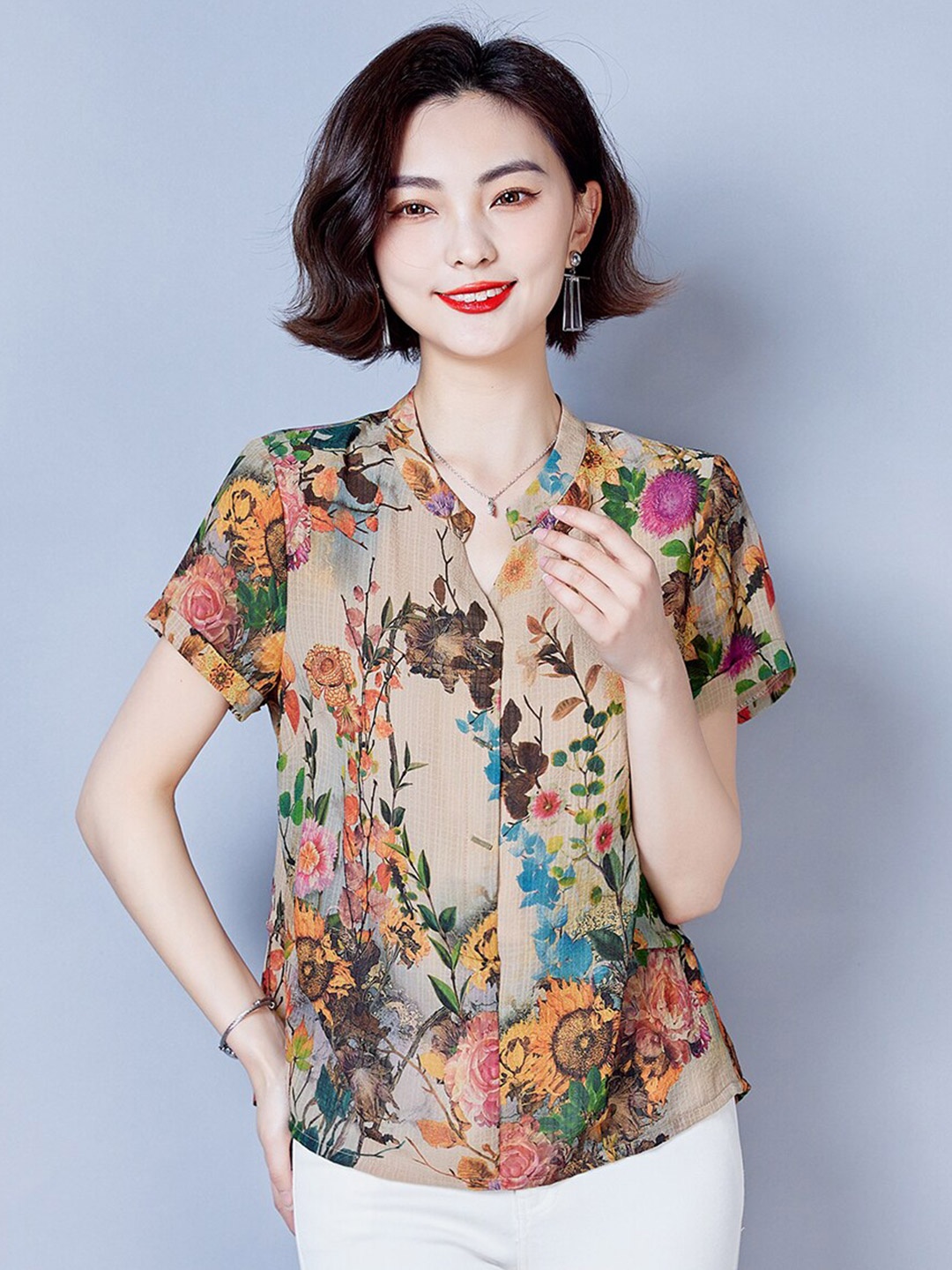

JC Collection Floral Printed Mandarin Collar Short Sleeve Shirt Style Top, Beige