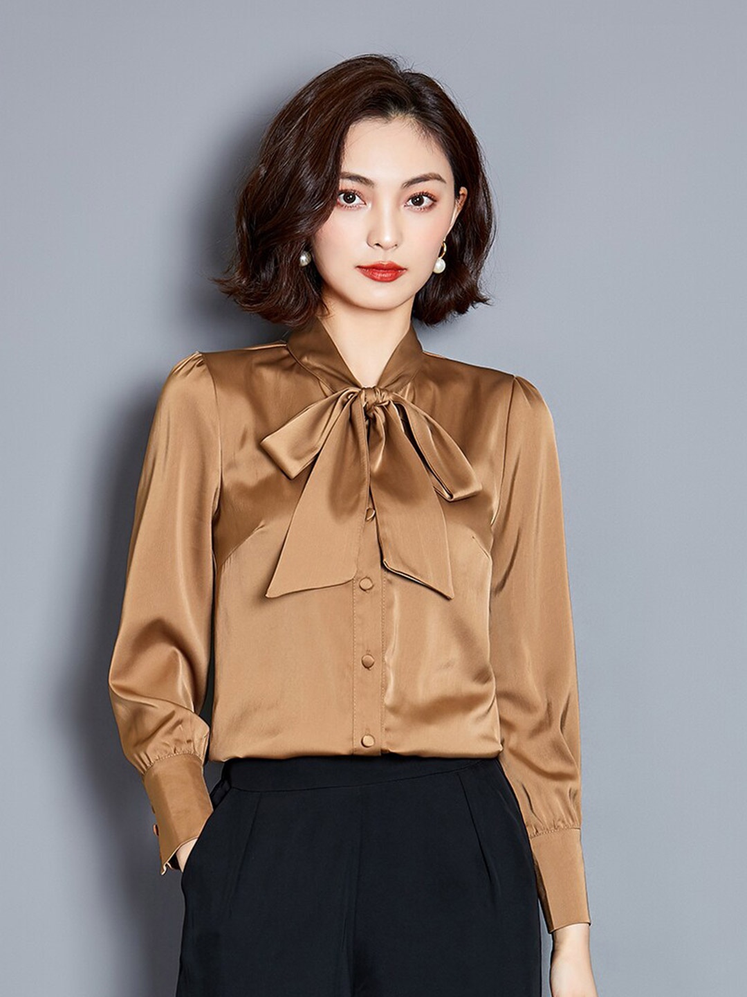 

JC Collection Cuffed Sleeves Tie-Up Neck Shirt Style Top, Brown