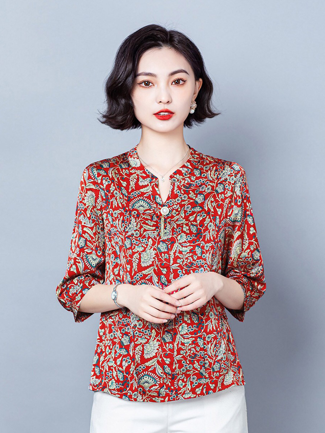 

JC Collection Floral Printed Mandarin Collar Shirt Style Top, Red