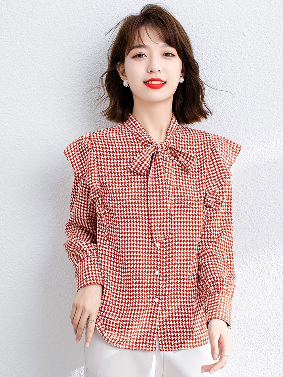 

JC Collection Checked Tie-Up Neck Ruffled Long Sleeve Casual Shirt, Red