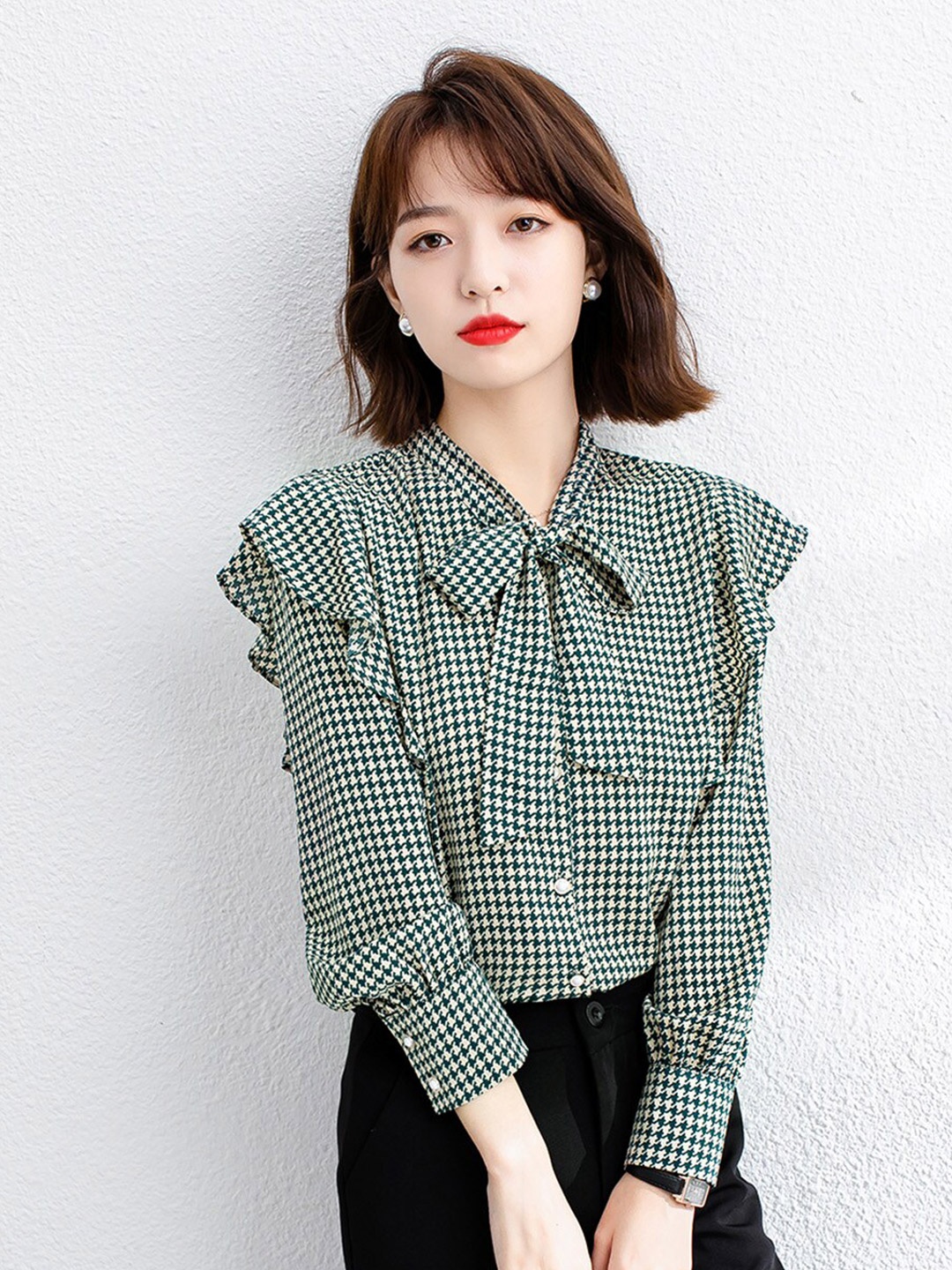 

JC Collection Geometric Printed Tie-Up Neck Shirt Style Top, Green