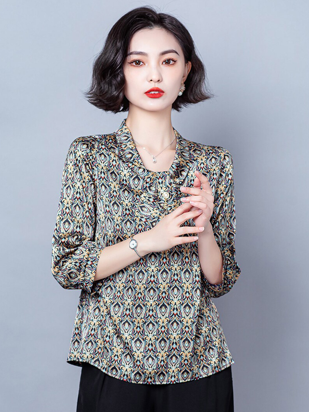 

JC Collection Floral Printed Tie-Up Neck Top, Black