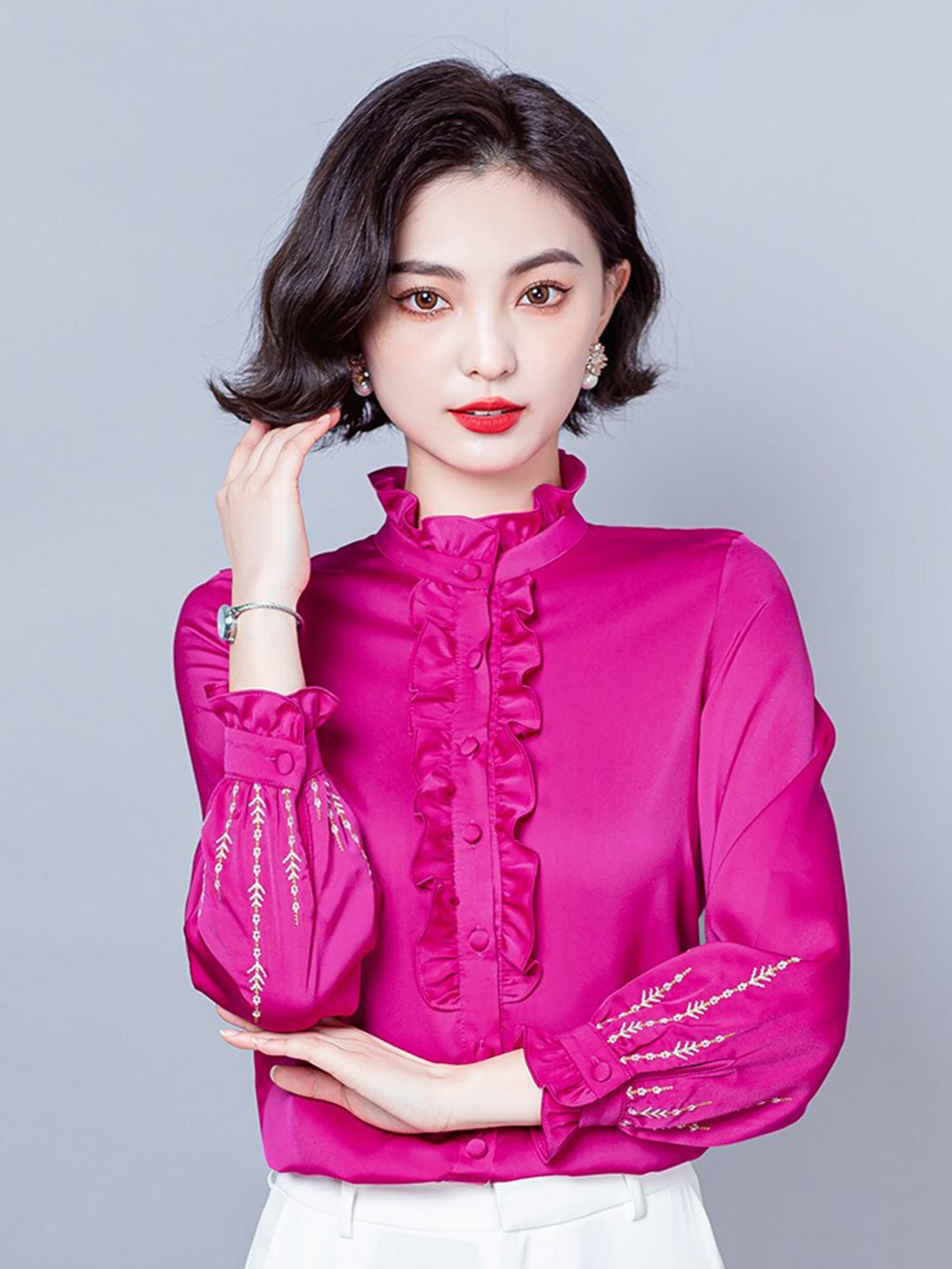 

JC Collection Mandarin Collar Bishop Sleeve Ruffles Shirt Style Top, Pink