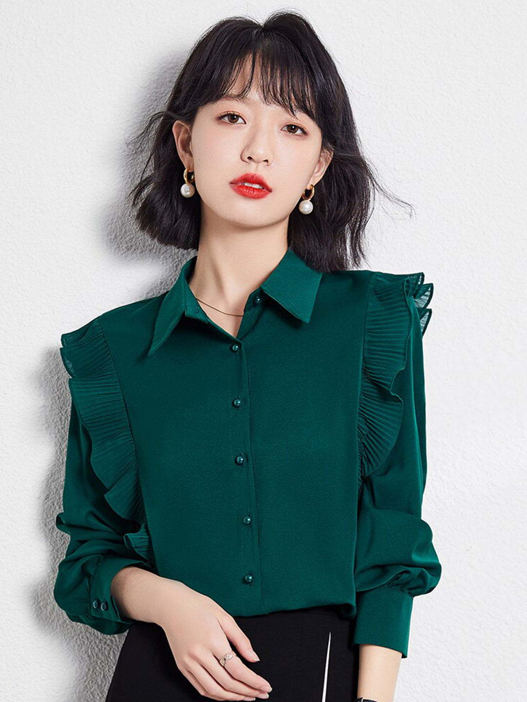 

JC Collection Spread Collar Cuffed Sleeves Ruffled Shirt Style Top, Green
