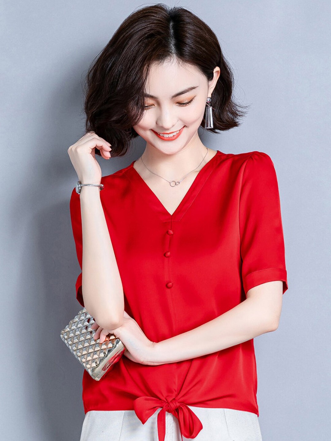 

JC Collection V-Neck Short Sleeve Waist Tie-Up Top, Red