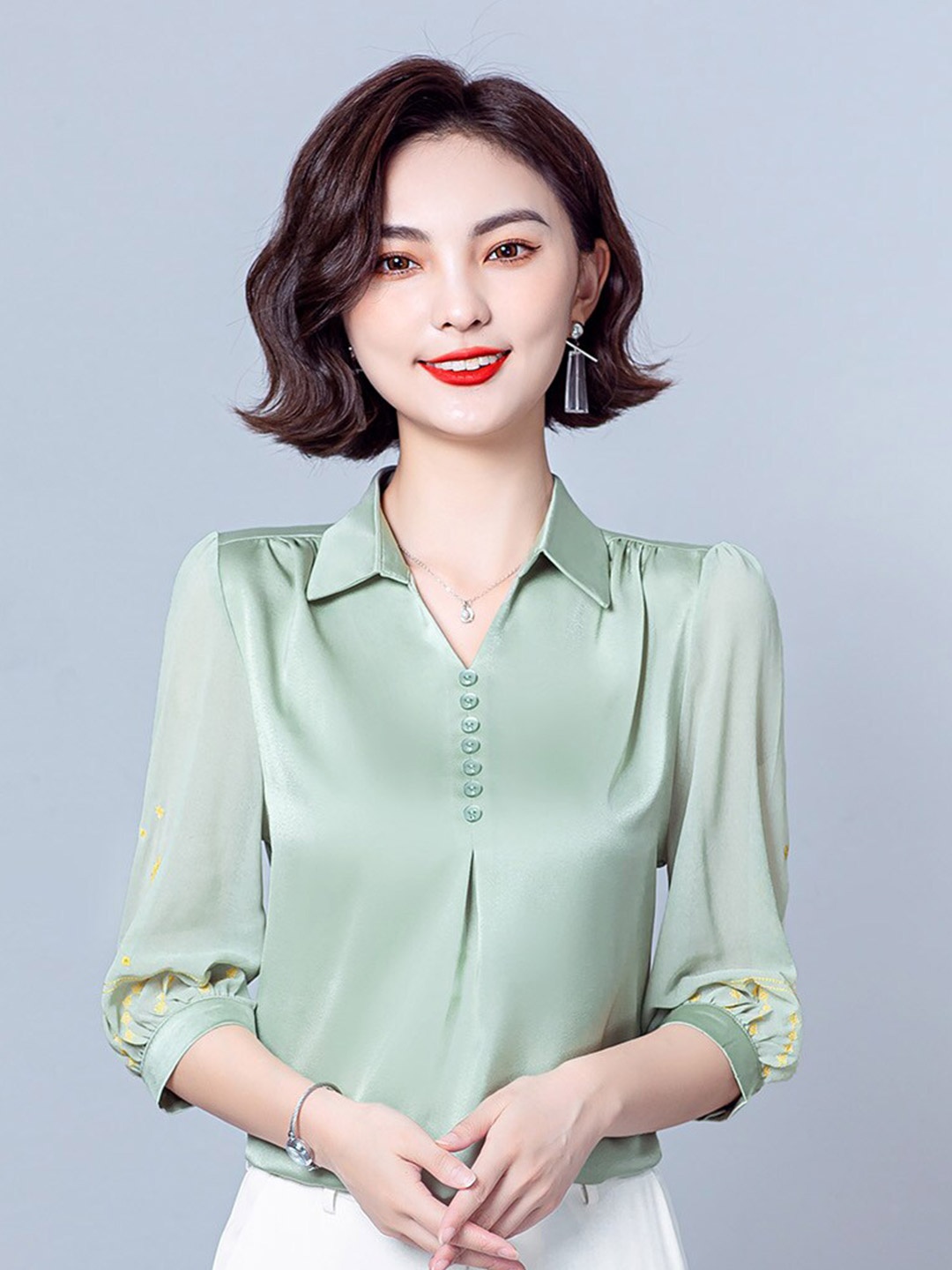 

JC Collection Spread Collar Puff Sleeves Shirt Style Top, Sea green