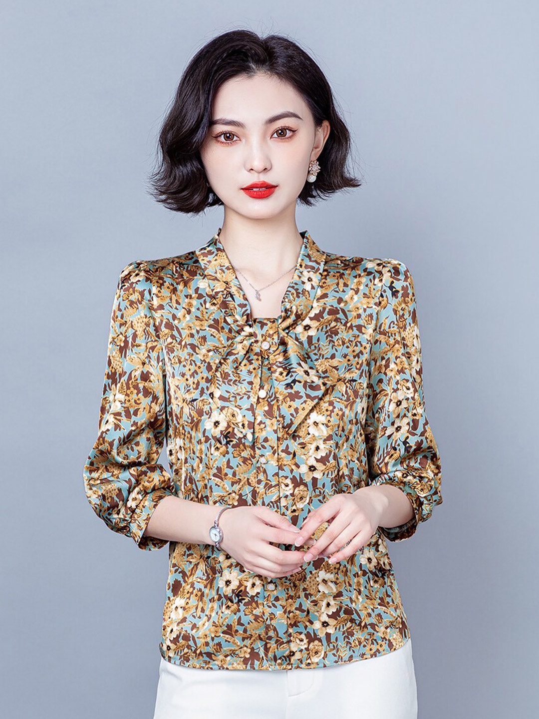 

JC Collection Floral Printed Tie-Up Neck Shirt Style Top, Yellow