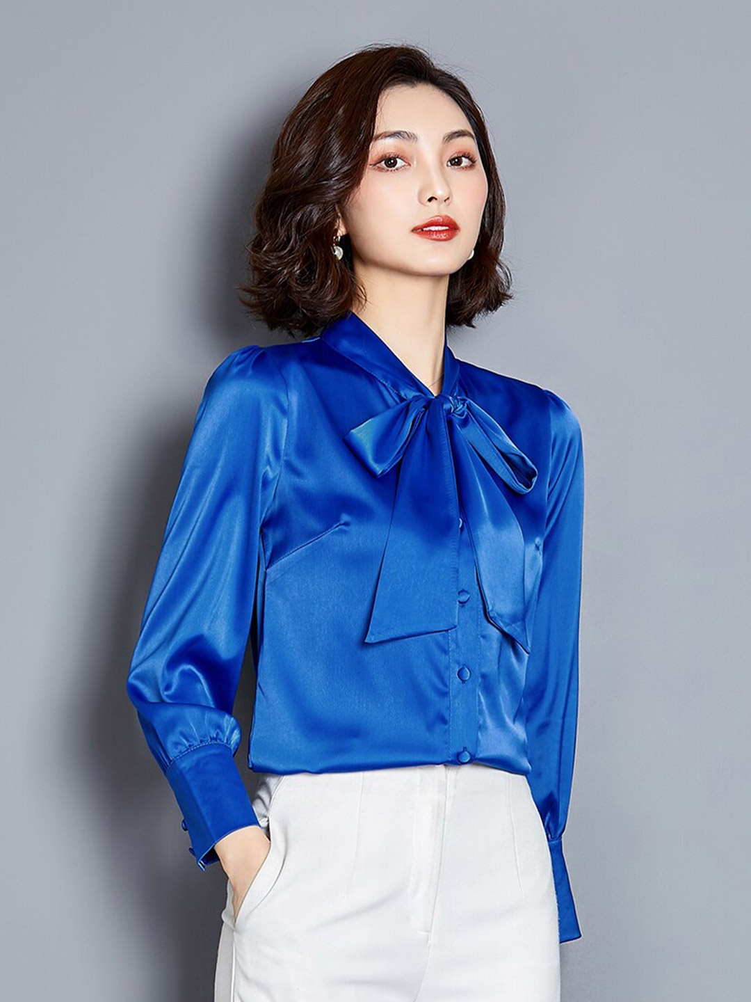 

JC Collection Cuffed Sleeves Tie-Up Neck Shirt Style Top, Blue