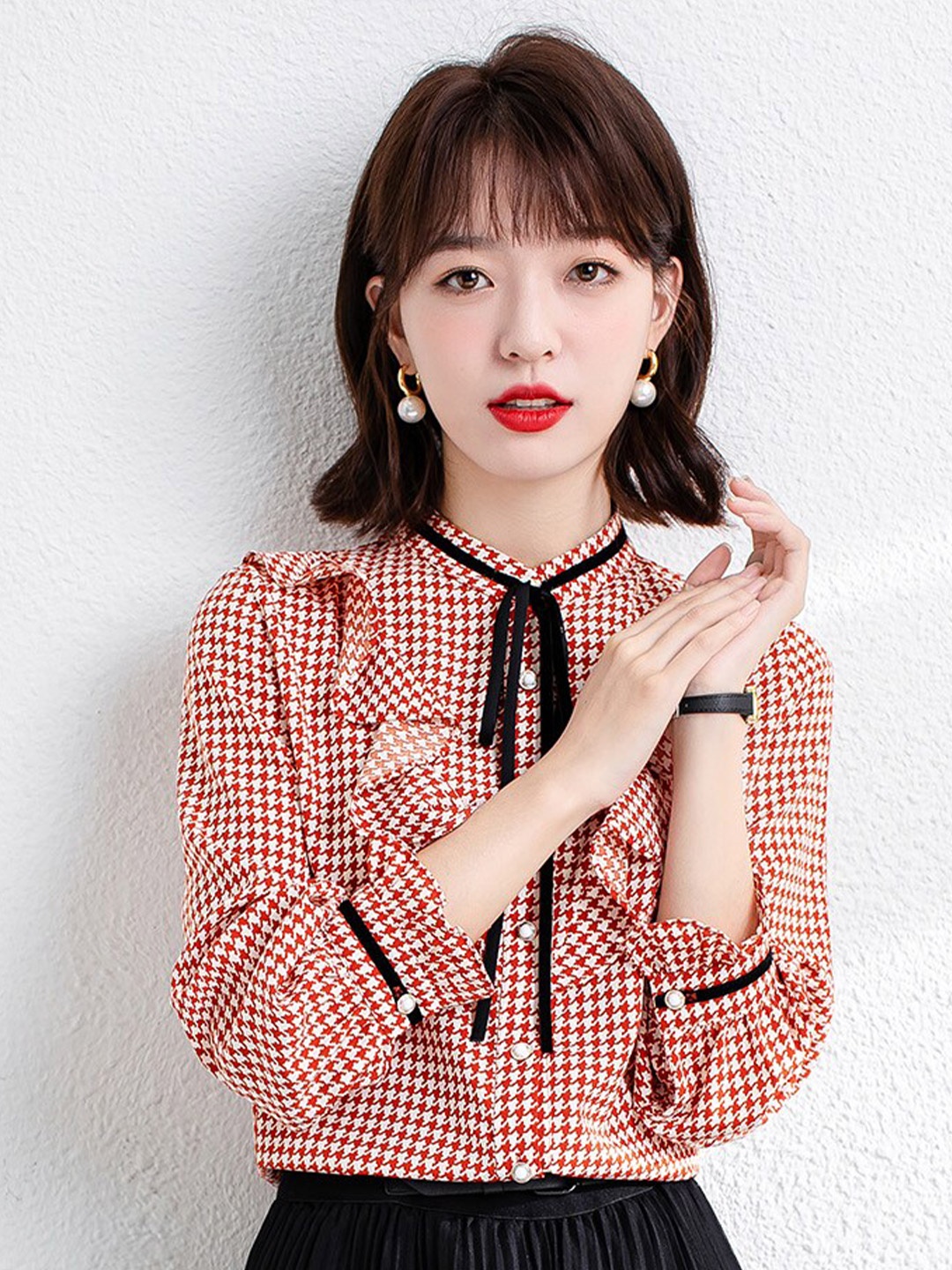 

JC Collection Geometric Printed Mandarin Collar Ruffles Shirt Style Top, Red