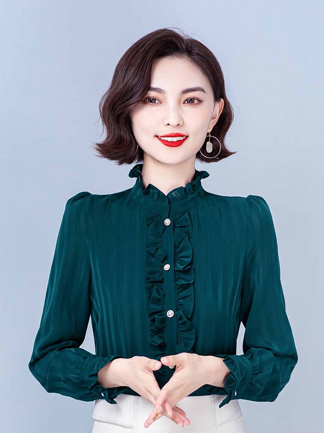 

JC Collection Band Collar Long Sleeves Ruffles Shirt, Green