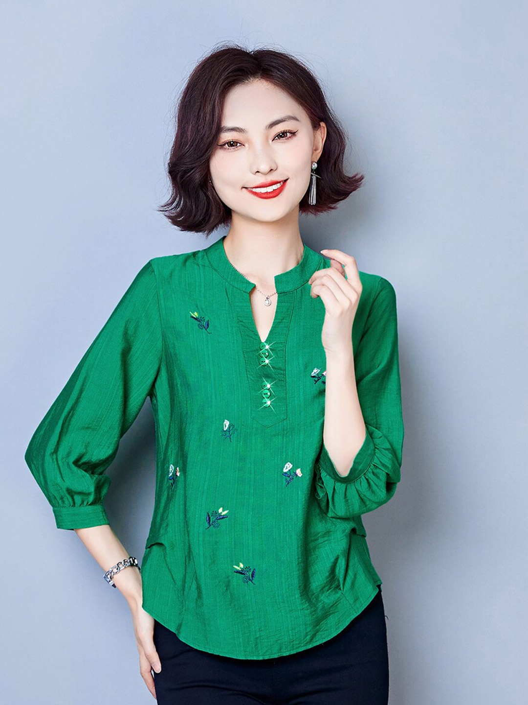 

JC Collection Floral Embroidered Mandarin Collar Top, Green