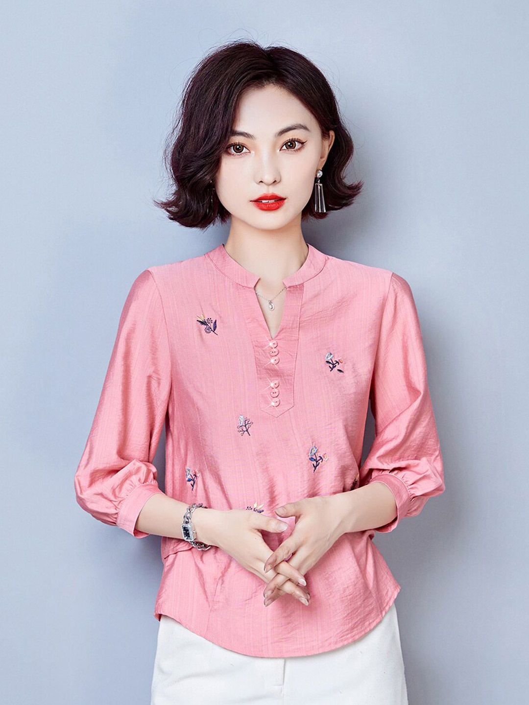 

JC Collection Floral Embroidered Mandarin Collar Shirt Style Top, Pink
