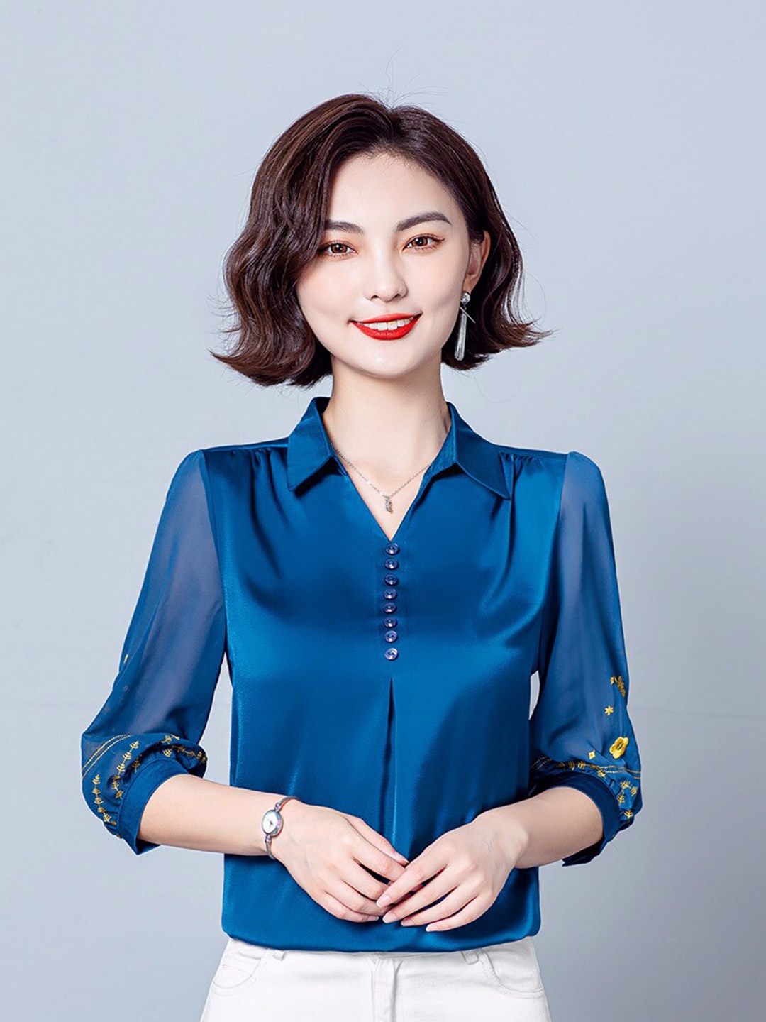 

JC Collection Spread Collar Puff Sleeves Shirt Style Top, Blue