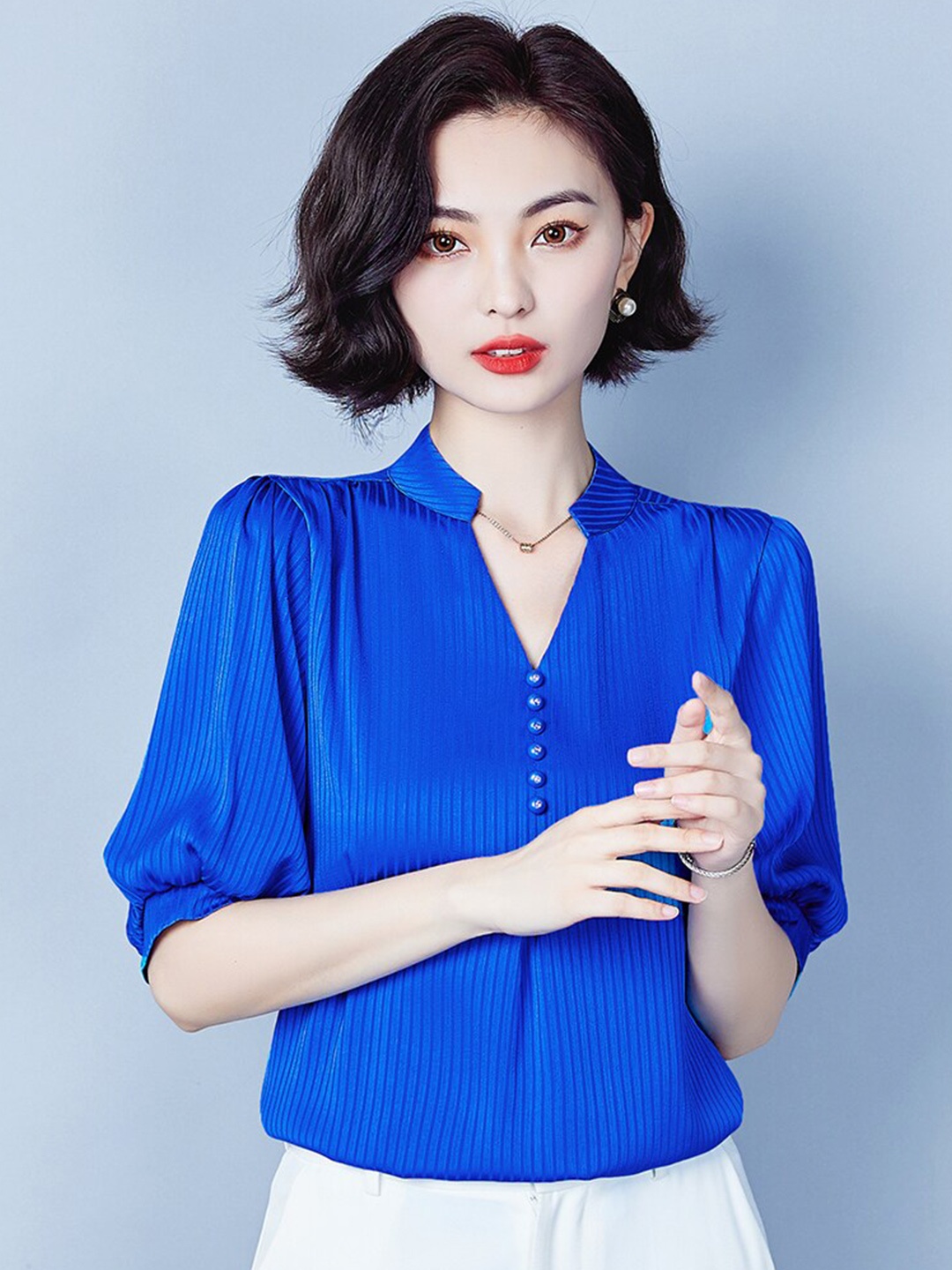 

JC Collection Mandarin Collar Puff Sleeves Shirt Style Top, Blue