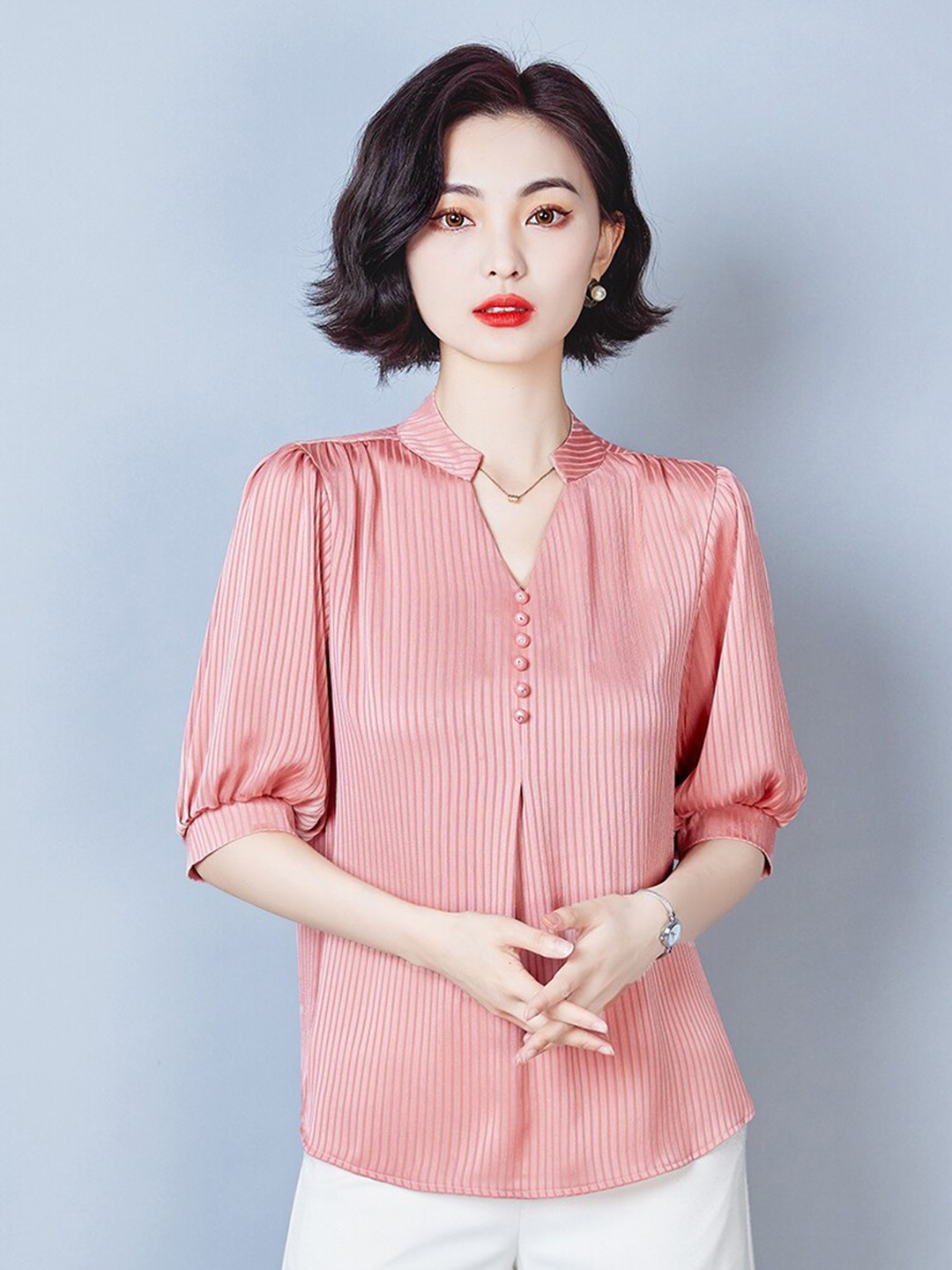 

JC Collection Mandarin Collar Puff Sleeves Shirt Style Top, Pink