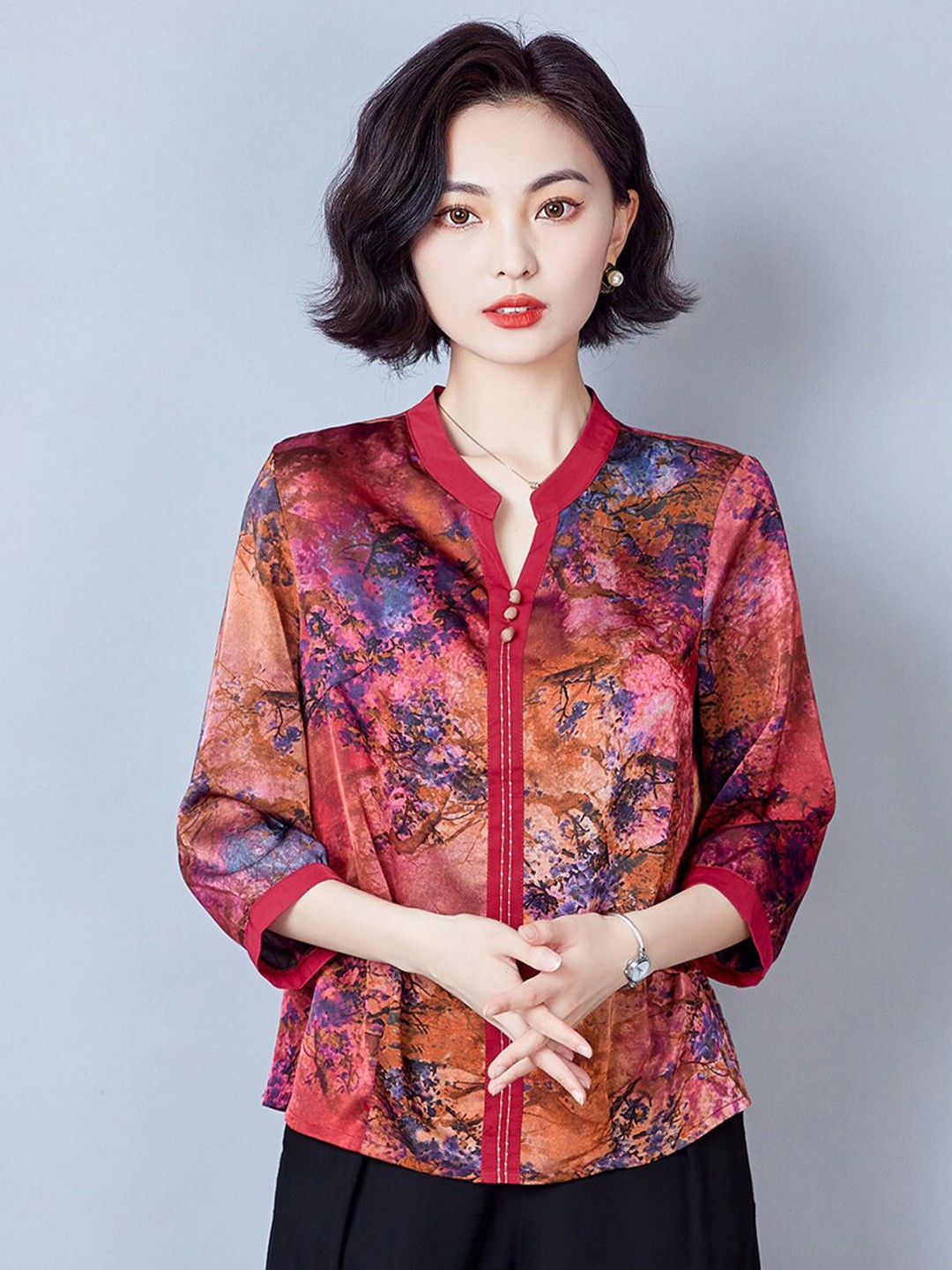 

JC Collection Abstract Printed Puff Sleeves Top, Red