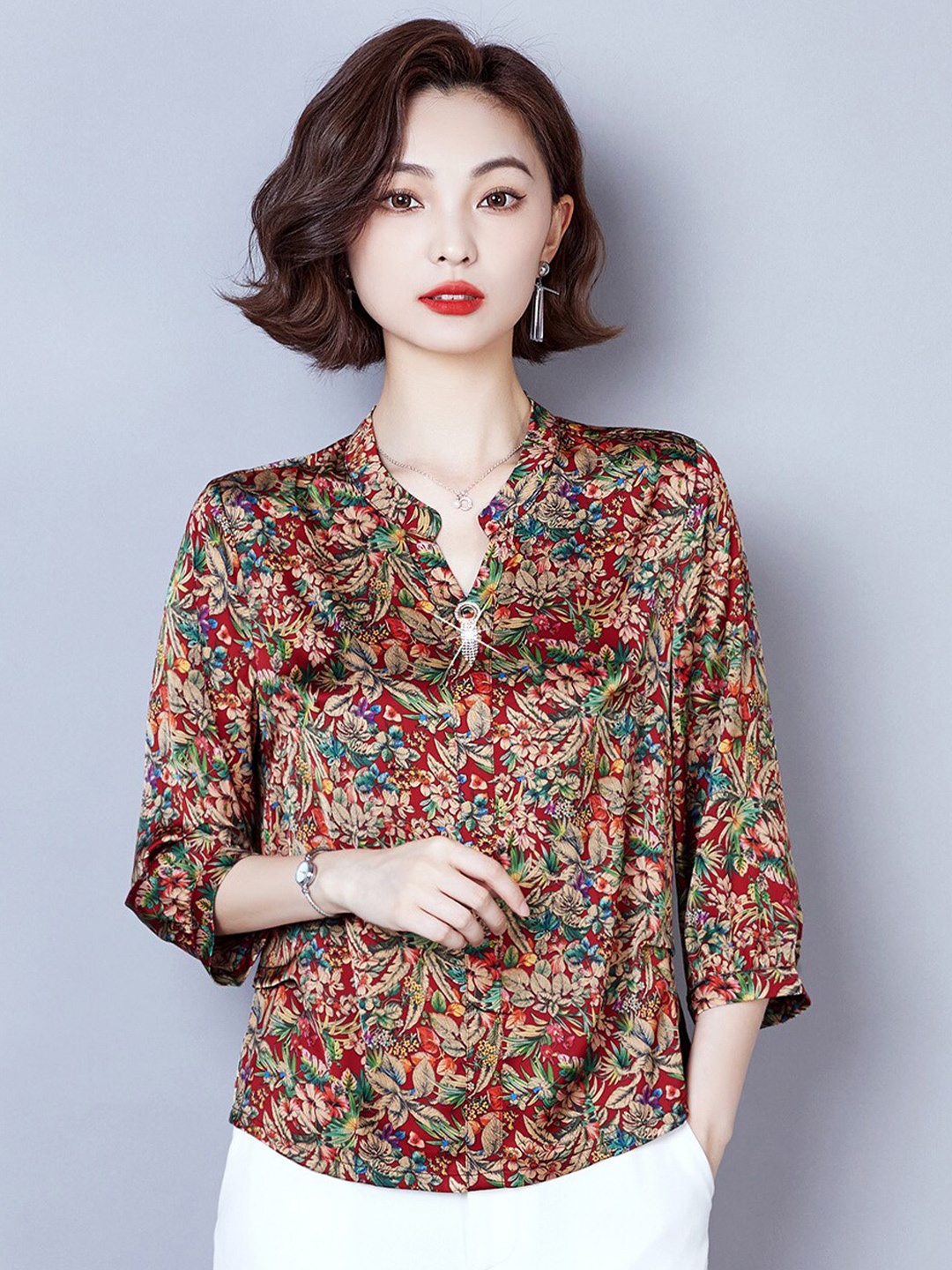 

JC Collection Floral Printed Mandarin Collar Cuffed Sleeves Regular Top, Red