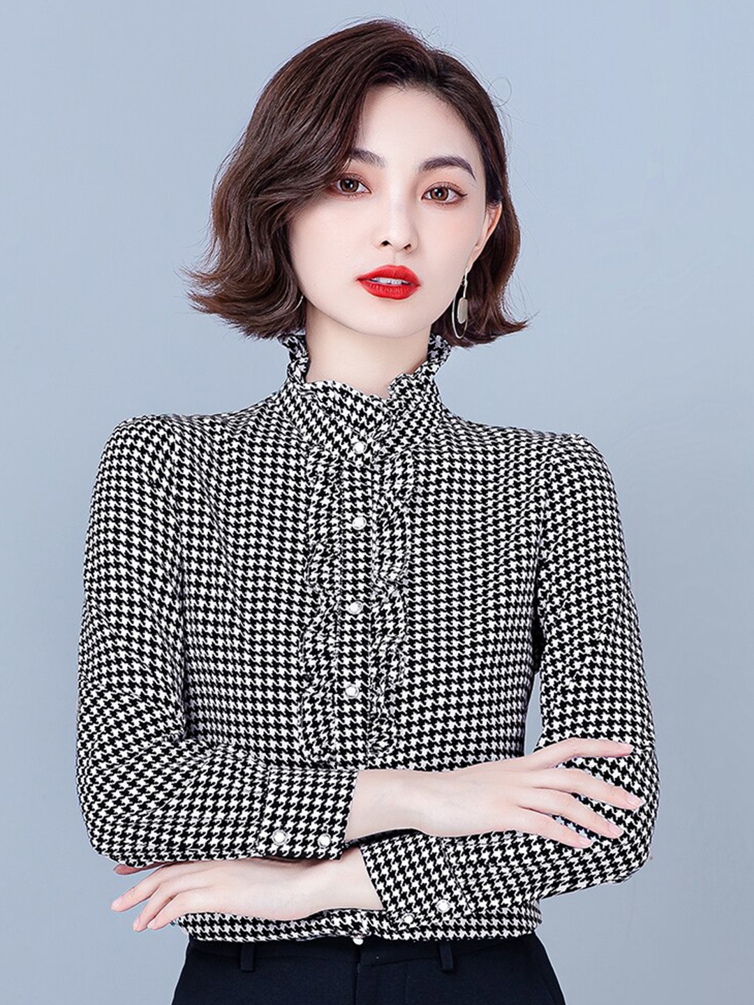 

JC Collection Geometric Printed Band Collar Long Sleeves Ruffles Shirt, Black