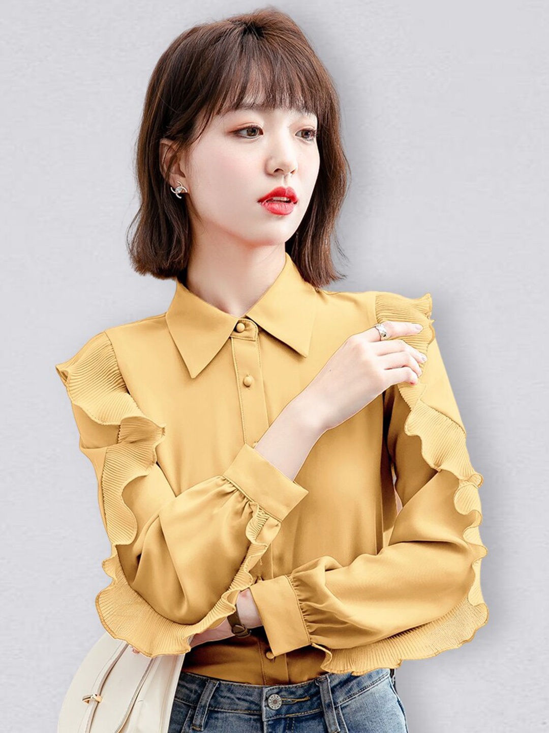 

JC Collection Spread Collar Long Sleeves Ruffled Shirt, Yellow