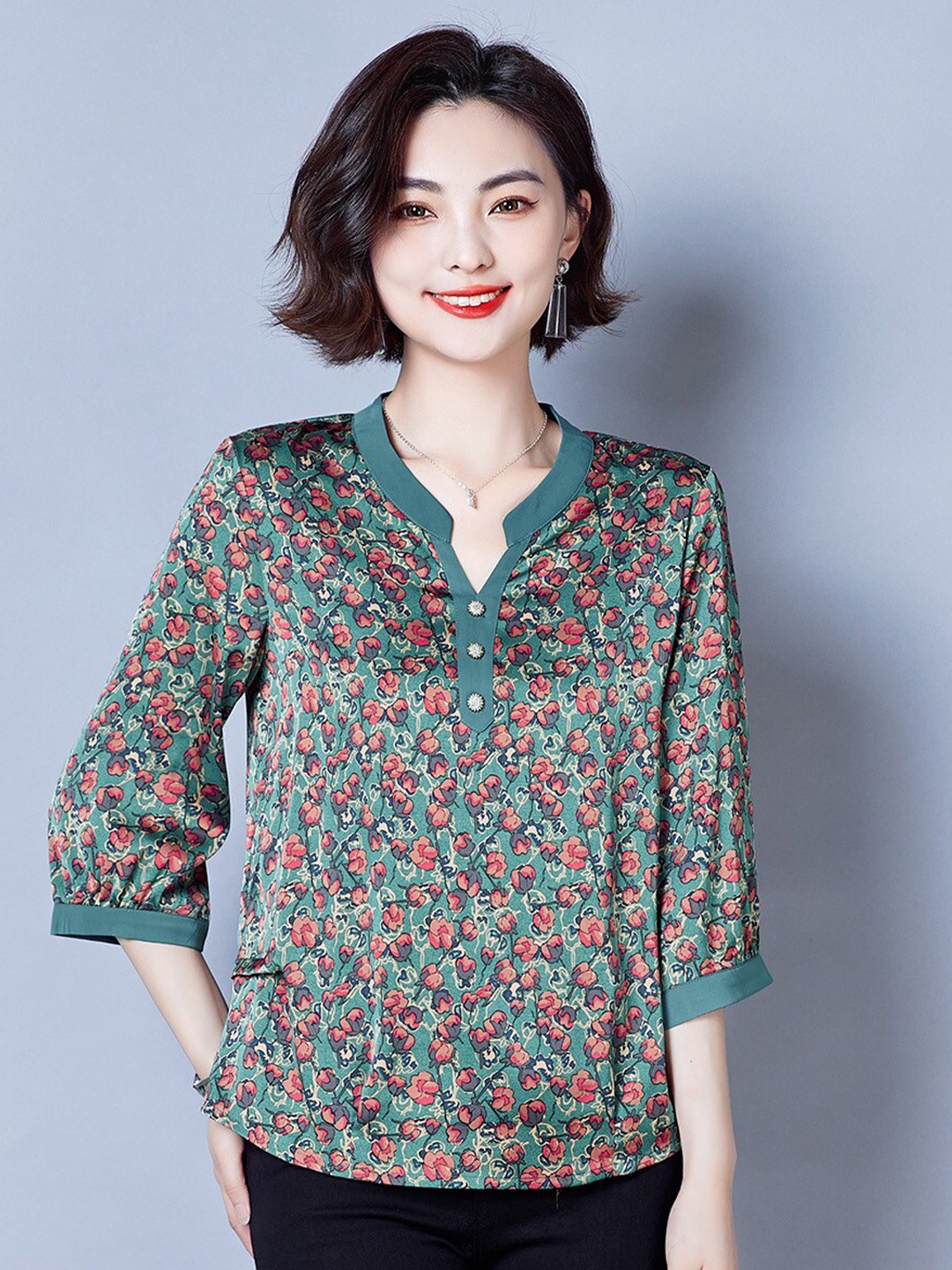 

JC Collection Floral Printed Mandarin Collar Shirt Style Top, Green
