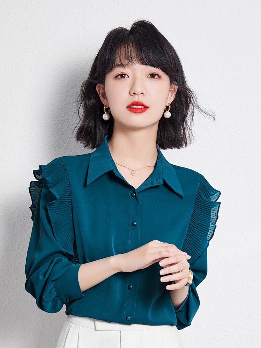 

JC Collection Spread Collar Long Sleeves Ruffles Shirt, Teal