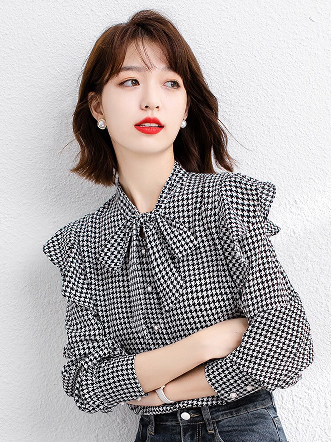 

JC Collection Tie-Up Neck Puff Sleeves Shirt Style Top, Black