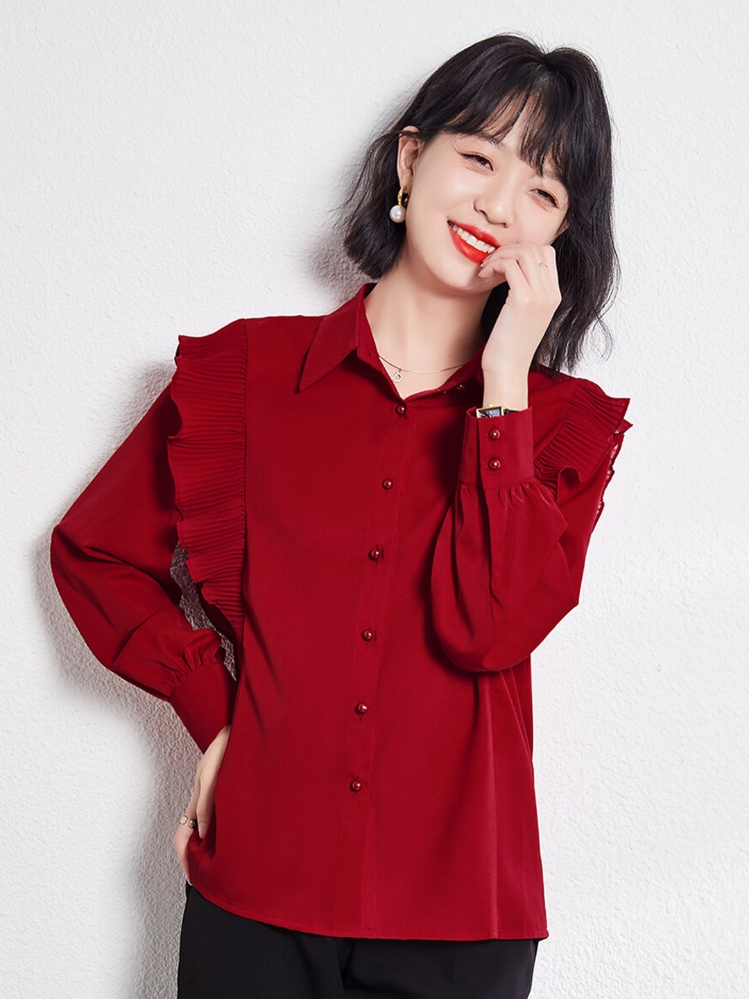 

JC Collection Spread Collar Cuffed Sleeves Ruffled Shirt Style Top, Red