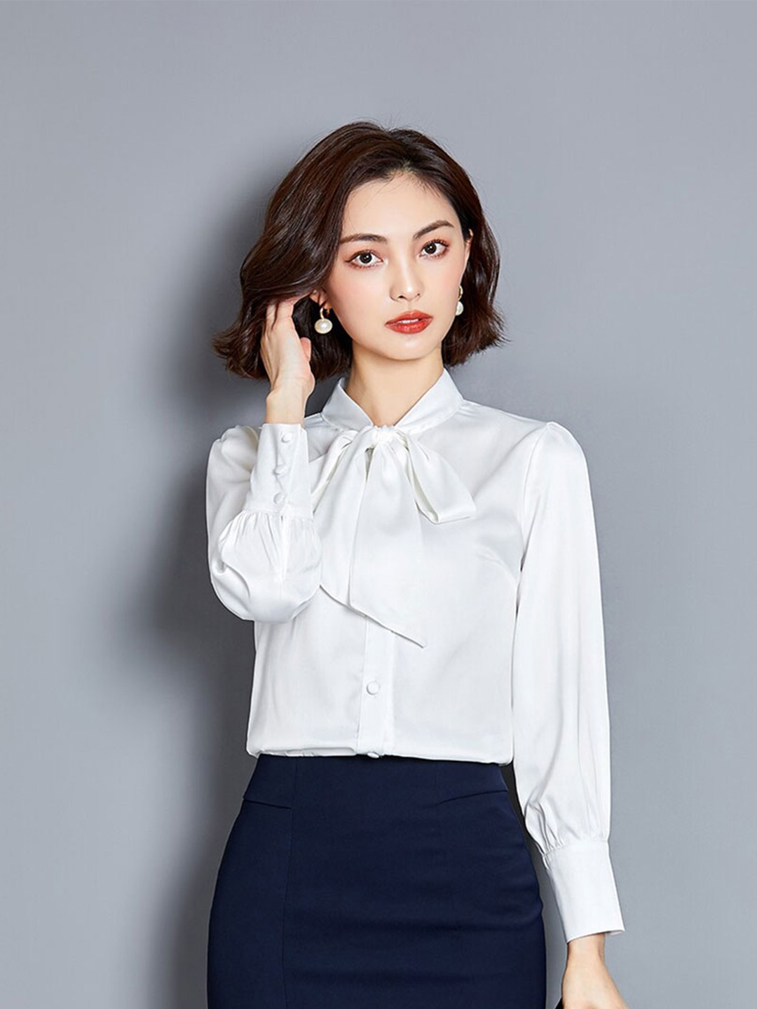 

JC Collection Tie-up Neck Cuffed Sleeves Shirt Style Top, White